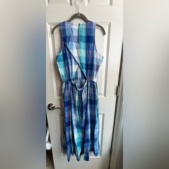 LOFT Plaid Cutout Back Midi Pocket Dress Blue Aqua White Size M. NWT - Picture 8 of 15
